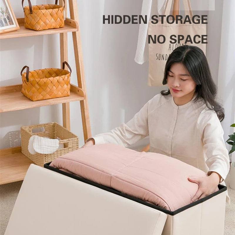 Foldable PU Leather Storage Ottoman Stool 76cm Toy Clothes Organizer Bench for Living Room Bedroom