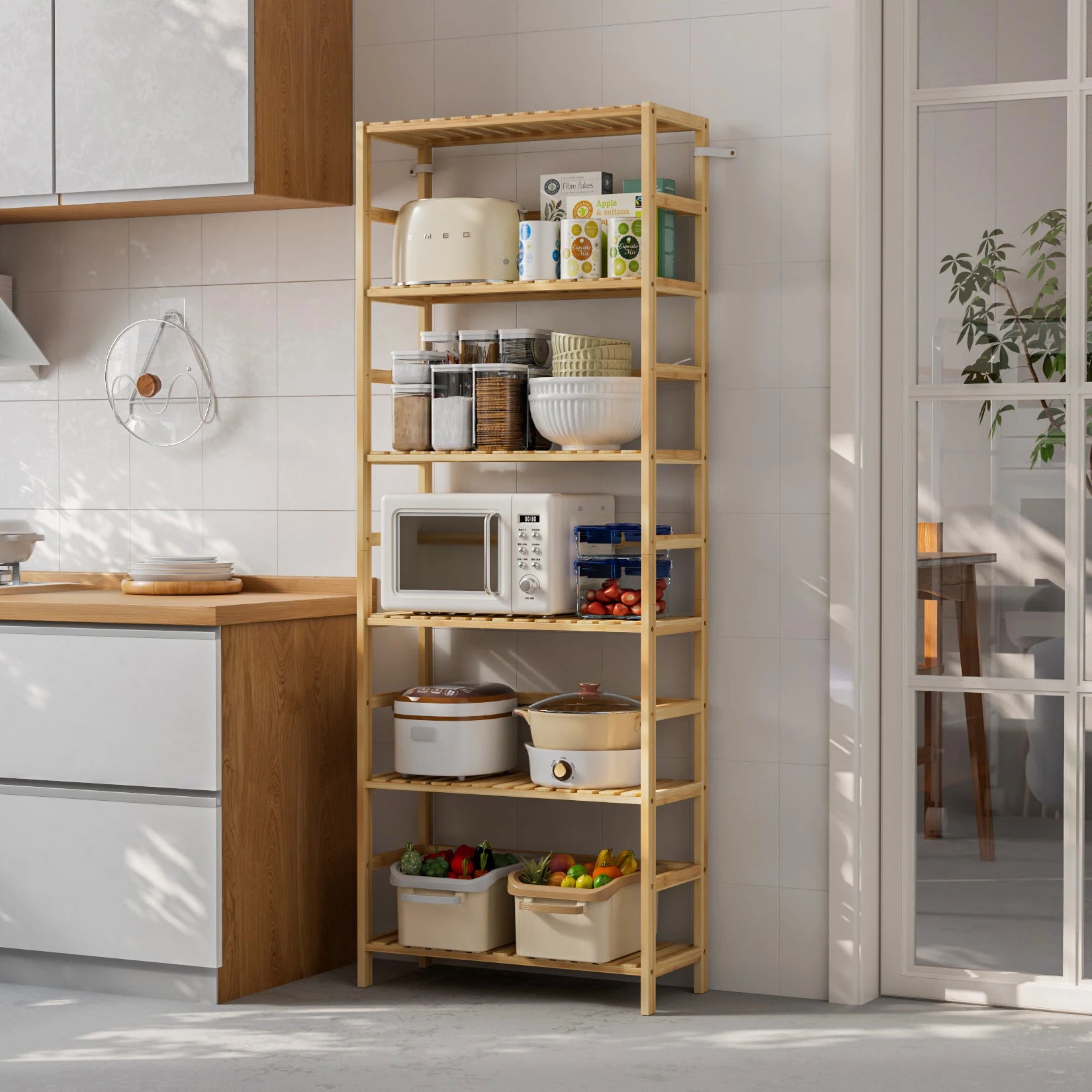 Bamboo 6 Tier Storage Shelf Tall Freestanding Rack for Books Plants and Bathroom