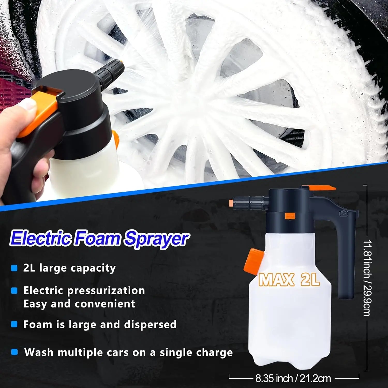 Portable Cordless Electric Foam Sprayer 2L 8 Bar Rechargeable Cleaning Washer Bottle