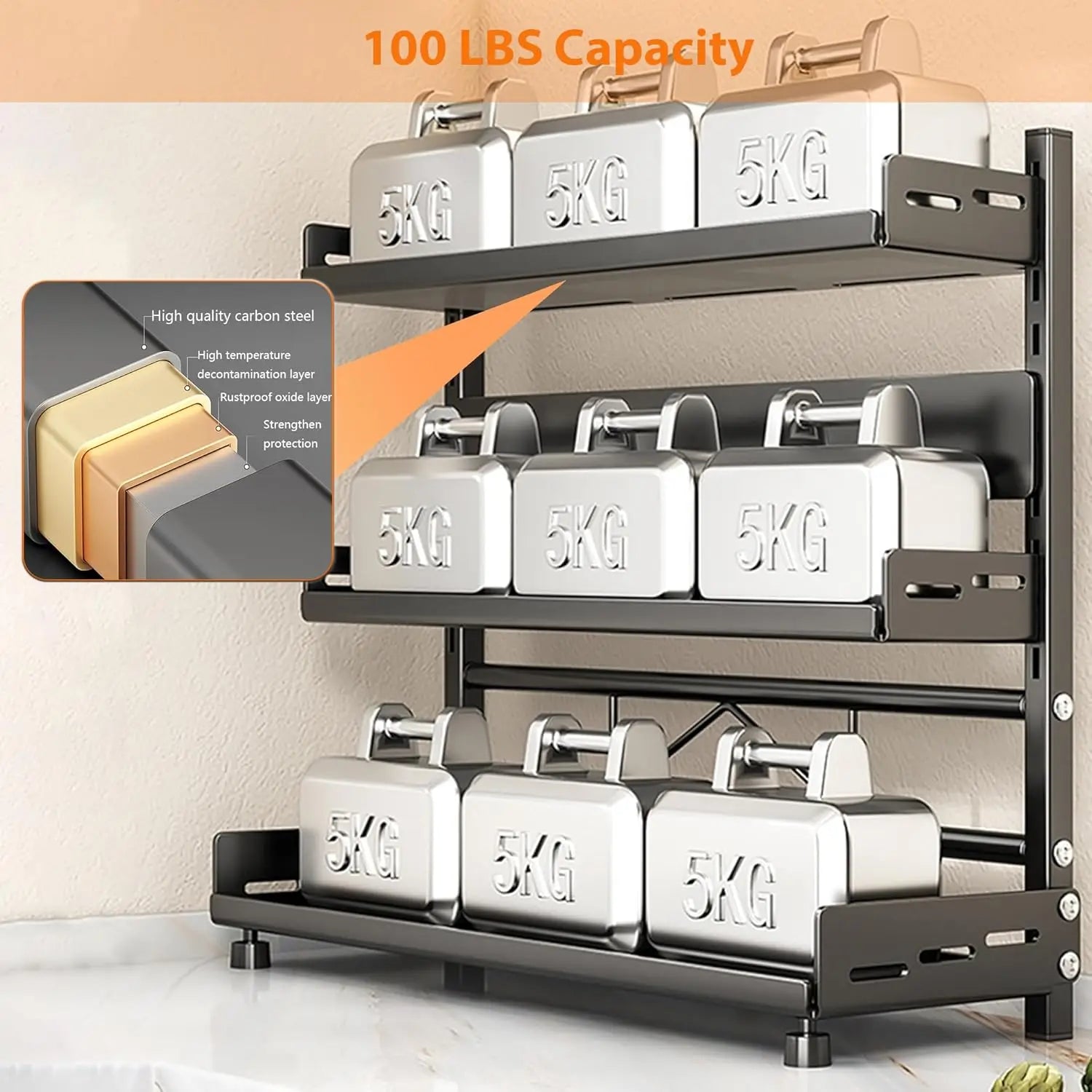 Adjustable Spice Storage Rack for Countertop 2 Tier or 3 Tier Metal Kitchen Organizer Shelf with Drawer Black