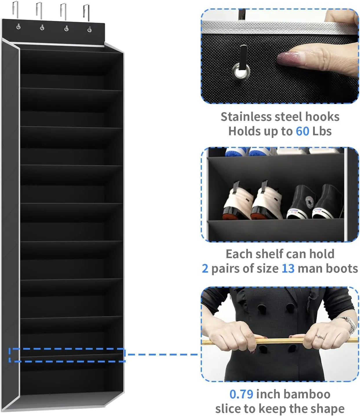 Heavy Duty Over Door Shoe Organizer 10 Tier Hanging Storage Rack with Large Pockets for Closet