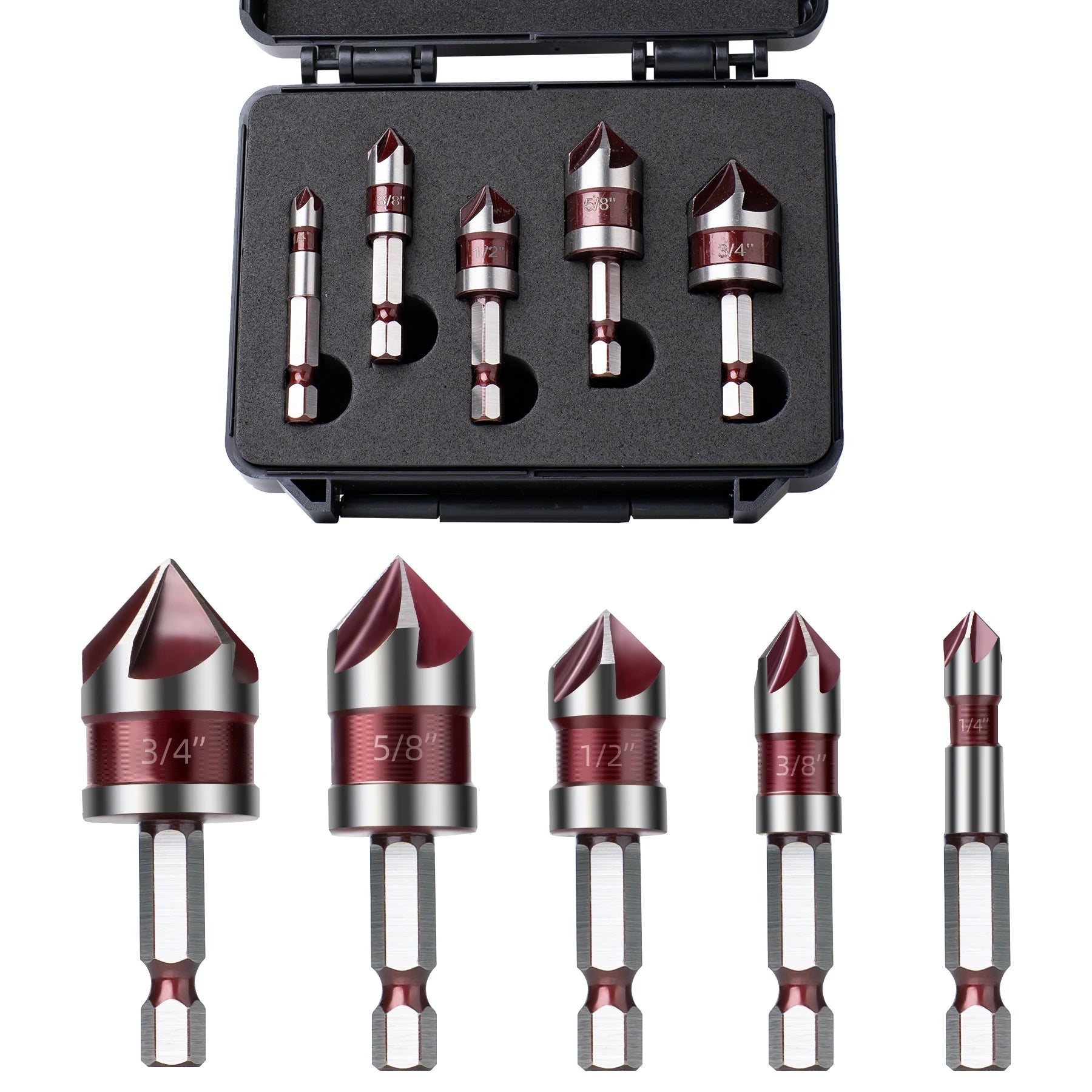 Countersink Drill Bit Set 5 Piece M35 Cobalt 82 Degree 5 Flute Hex Shank for Wood Metal Drilling