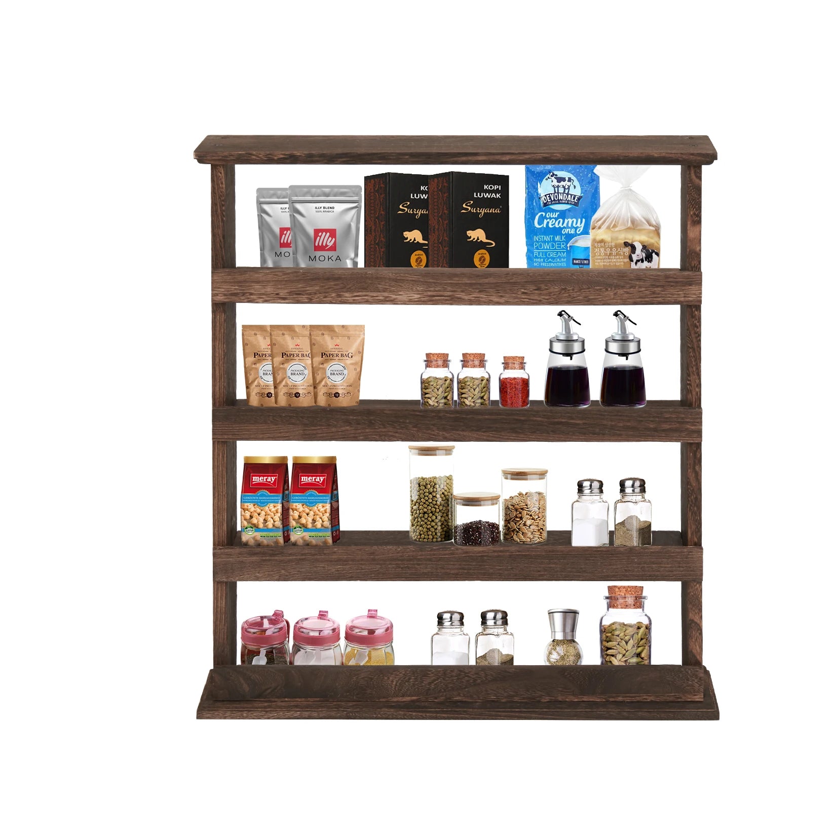 Wall Mounted Wooden Kitchen Shelf 4 Tier Spice Rack Storage Organizer Floating Wall Shelf