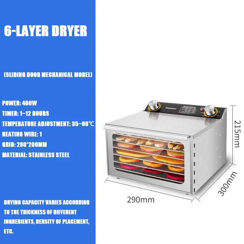Portable Food Dehydrator Machine 6 Layer Stainless Steel Dryer with Adjustable Temperature Timer