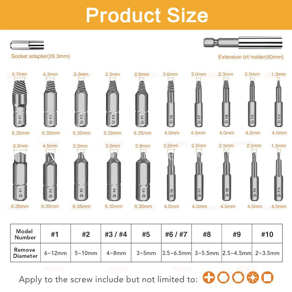Broken Screw Extractor Set High-Speed Steel Damaged Bolt Remover 20-Piece Drill Bit Kit