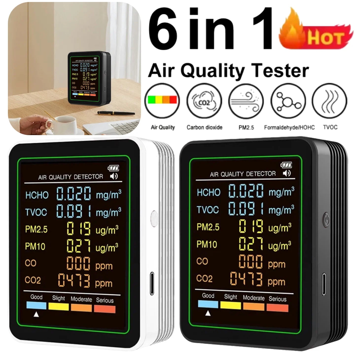6-in-1 Air Quality Monitor with CO2, TVOC, CO, PM, Temperature & Humidity Detection – Portable