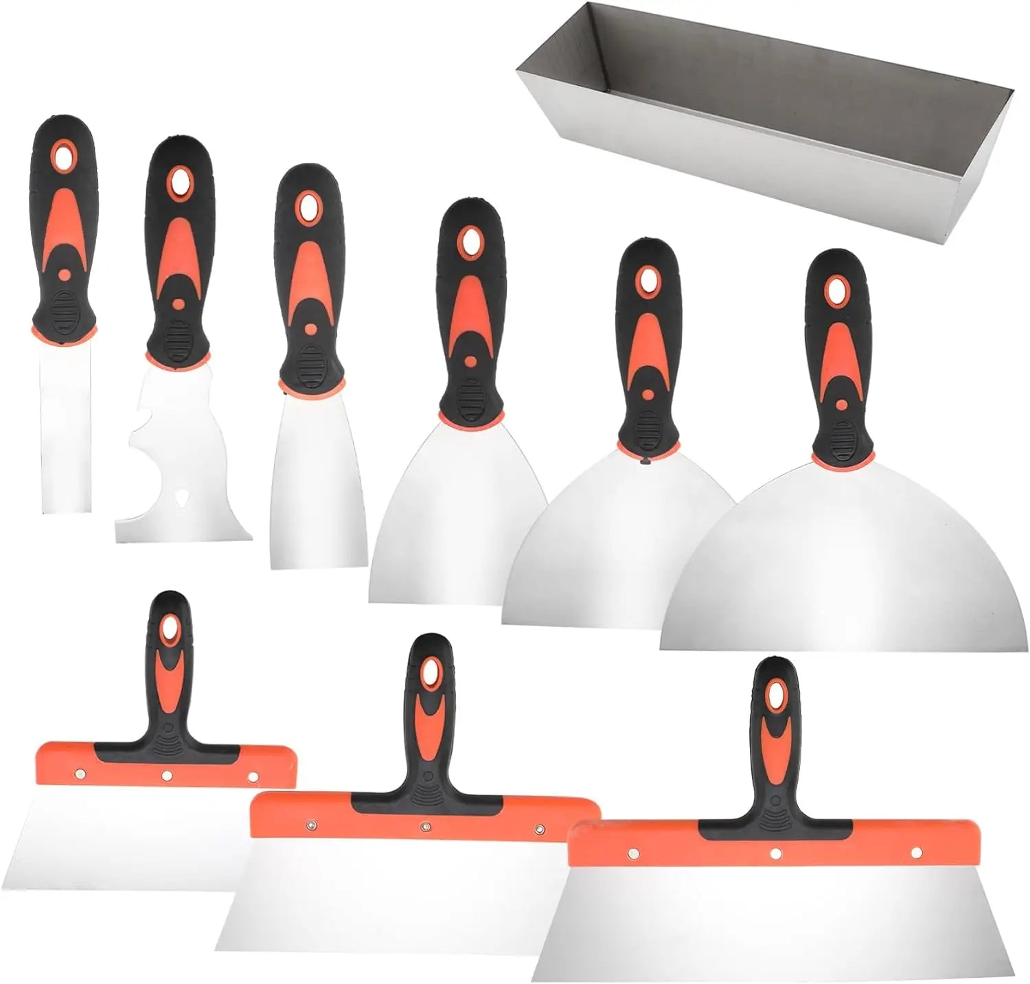10 Piece Stainless Steel Drywall Knife Set with Mud Pan and Scraper Tools