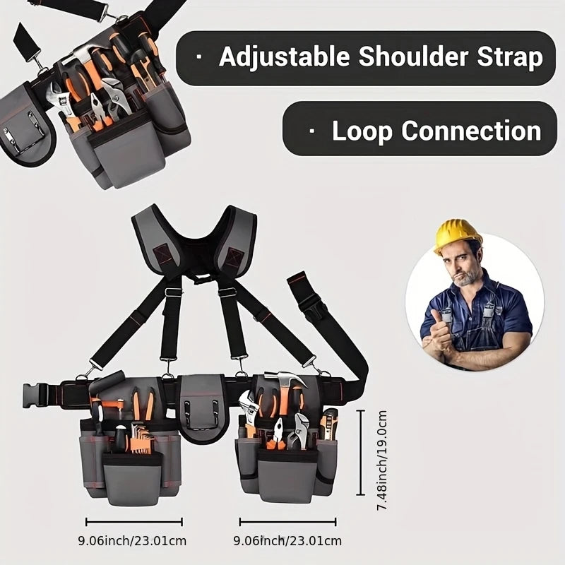 Heavy Duty 22 Pocket Tool Belt with Suspenders Adjustable Utility Work Belt for Construction and Repairs