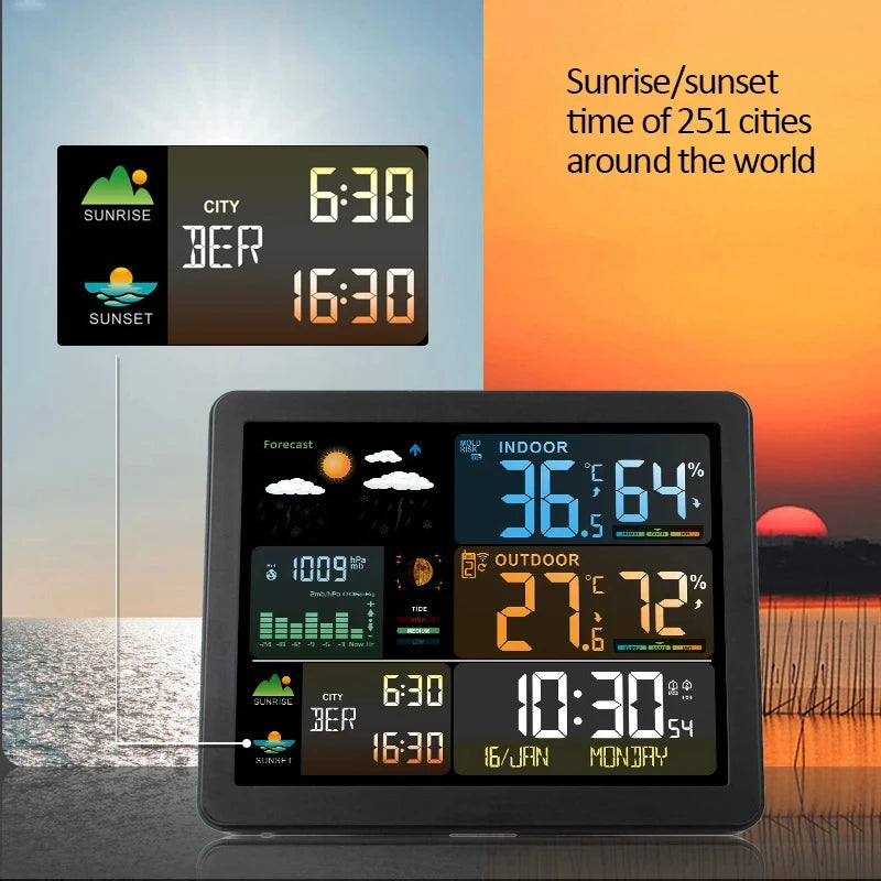 Wireless Digital Weather Station Clock with Indoor Outdoor Temperature Humidity Sensor and Forecast Display