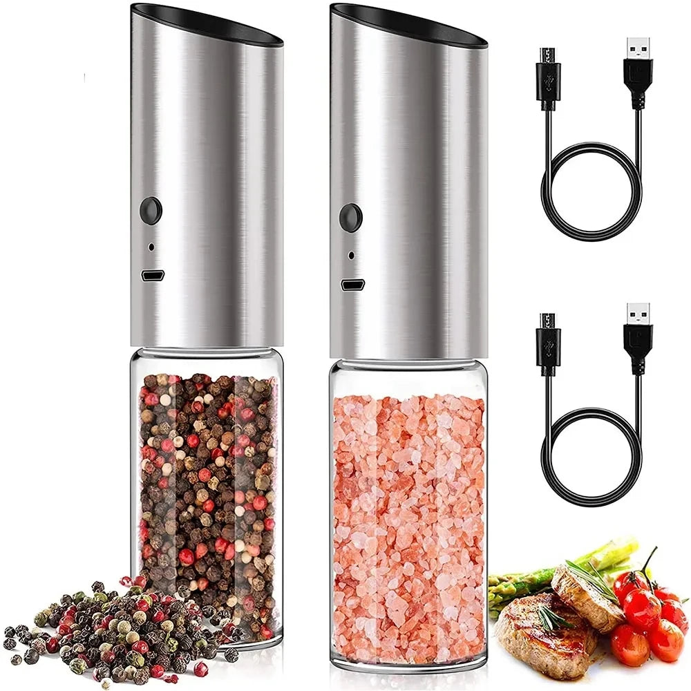 Rechargeable Electric Salt and Pepper Grinder Set 2PCS with Stainless Steel and Glass Spice Mills