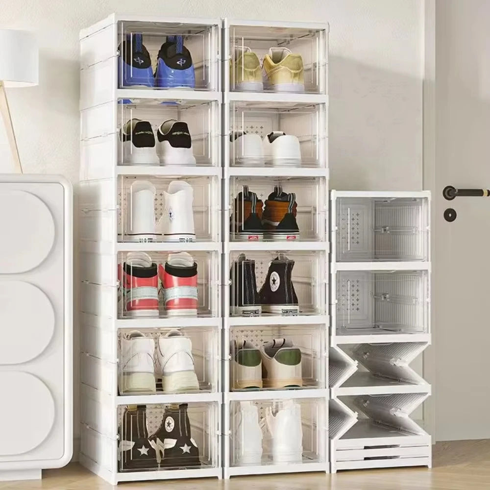 Foldable Shoe Storage Box 6 Layer Stackable Transparent Shoe Organizer Cabinet