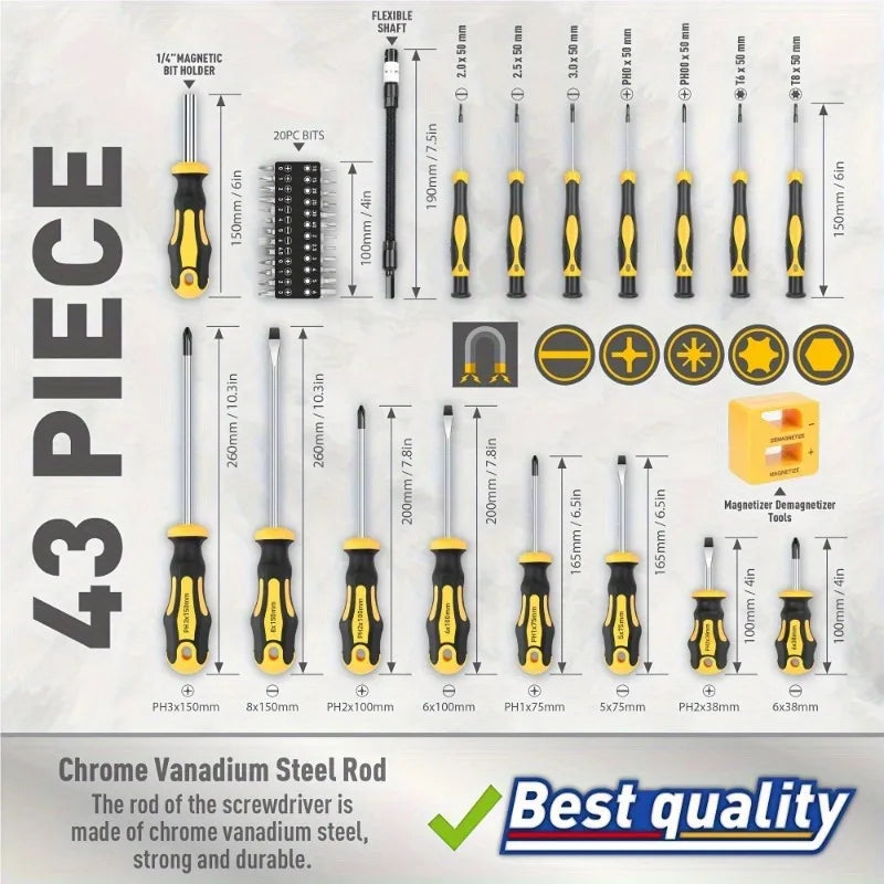 Heavy Duty Precision Screwdriver Set with Magnetic Bit Holder and Portable Carry Case