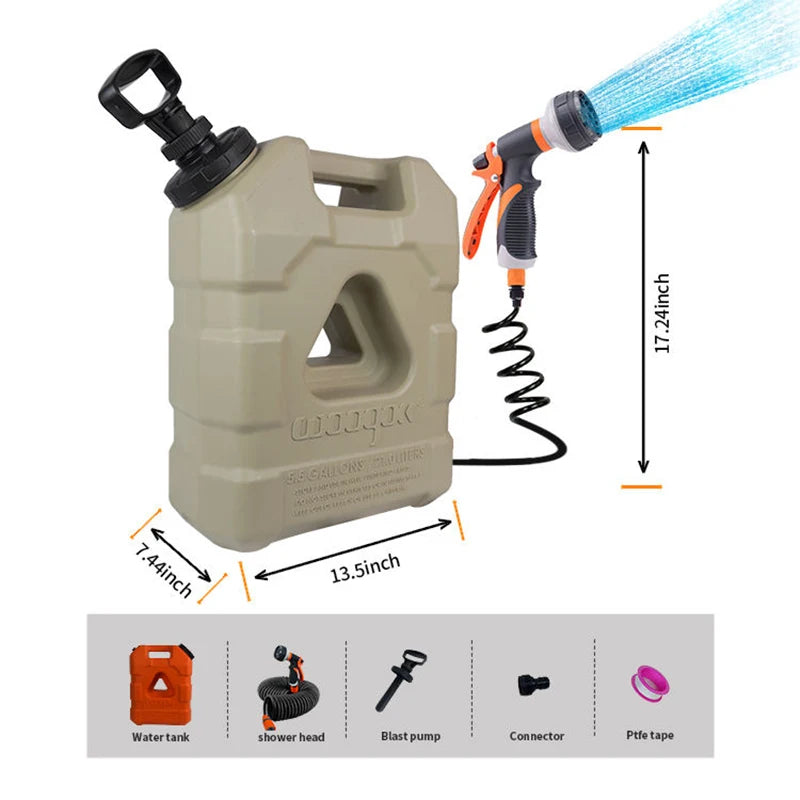 21L Portable Camping Water Tank with Manual Pressure Pump, Spray Head and Coiled Hose