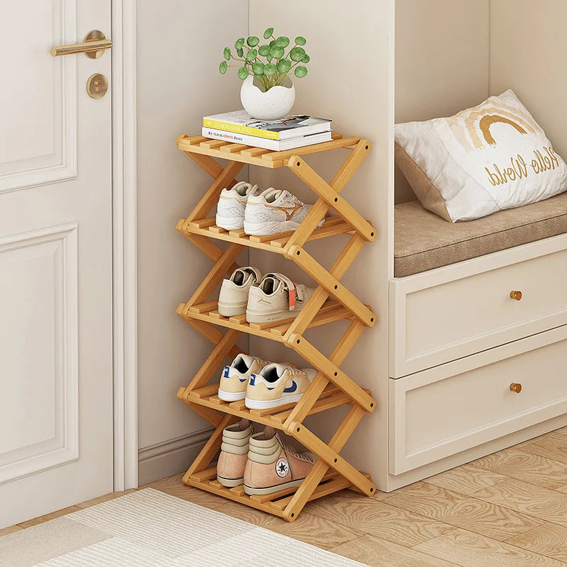 Foldable Bamboo Shoe Rack 5 Tier Space Saving Shoe Storage Organizer