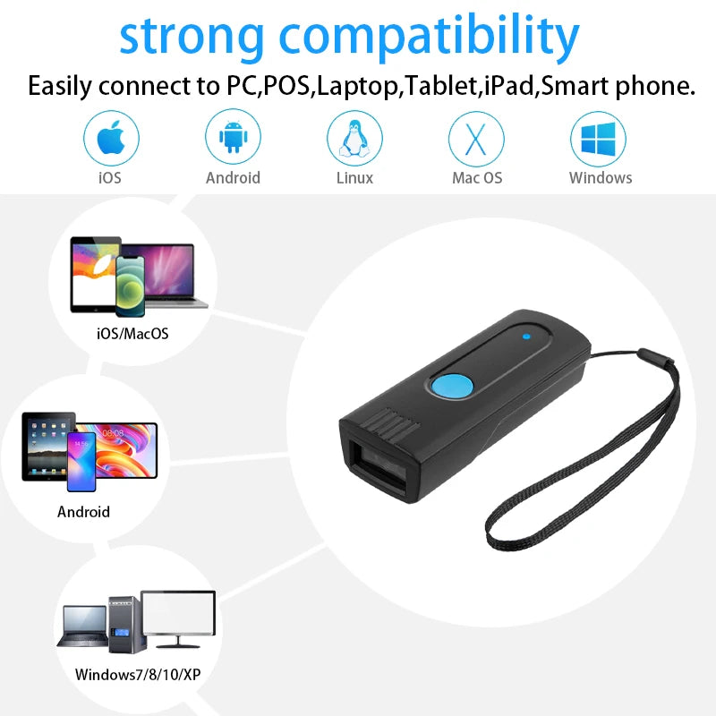 Portable Wireless Barcode Scanner with Bluetooth USB CMOS Scanner for iOS Android Windows