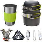 Portable 9-Piece Camping Cookware Kit with Stove Aluminium Pots and Tableware for Outdoor Cooking