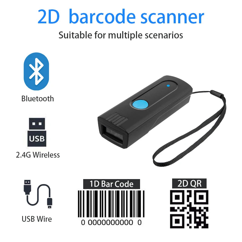 Portable Wireless Barcode Scanner with Bluetooth USB CMOS Scanner for iOS Android Windows