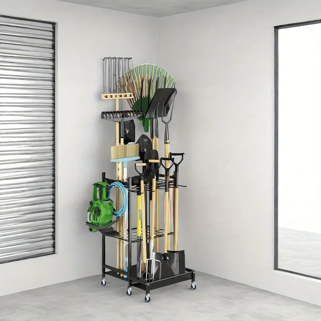 Heavy Duty Garden Tool Organizer Rack with Storage Slots for Rakes Brooms and Long Handle Tools