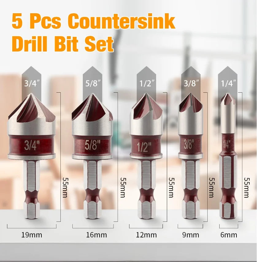 Countersink Drill Bit Set 5 Piece M35 Cobalt 82 Degree 5 Flute Hex Shank for Wood Metal Drilling
