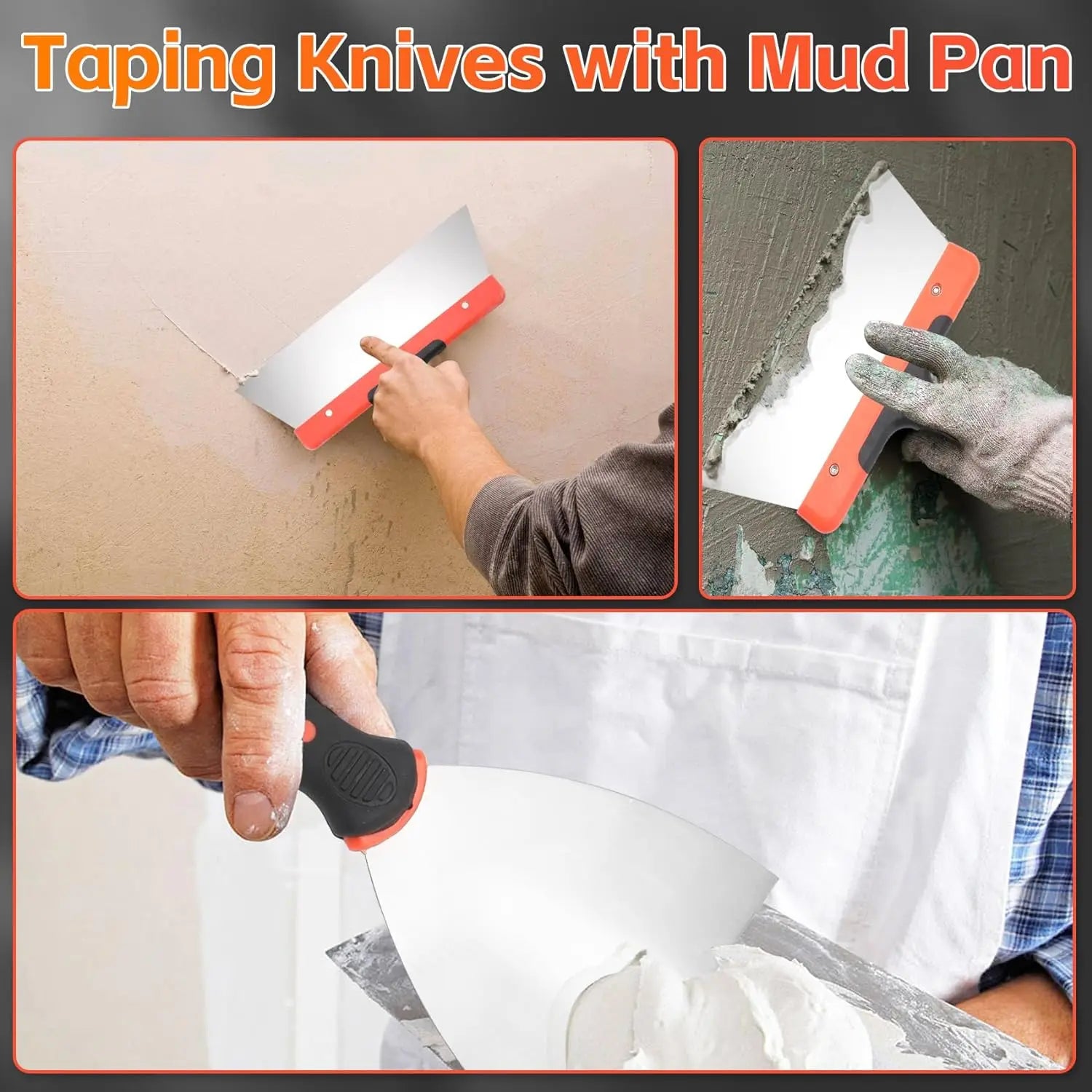 10 Piece Stainless Steel Drywall Knife Set with Mud Pan and Scraper Tools