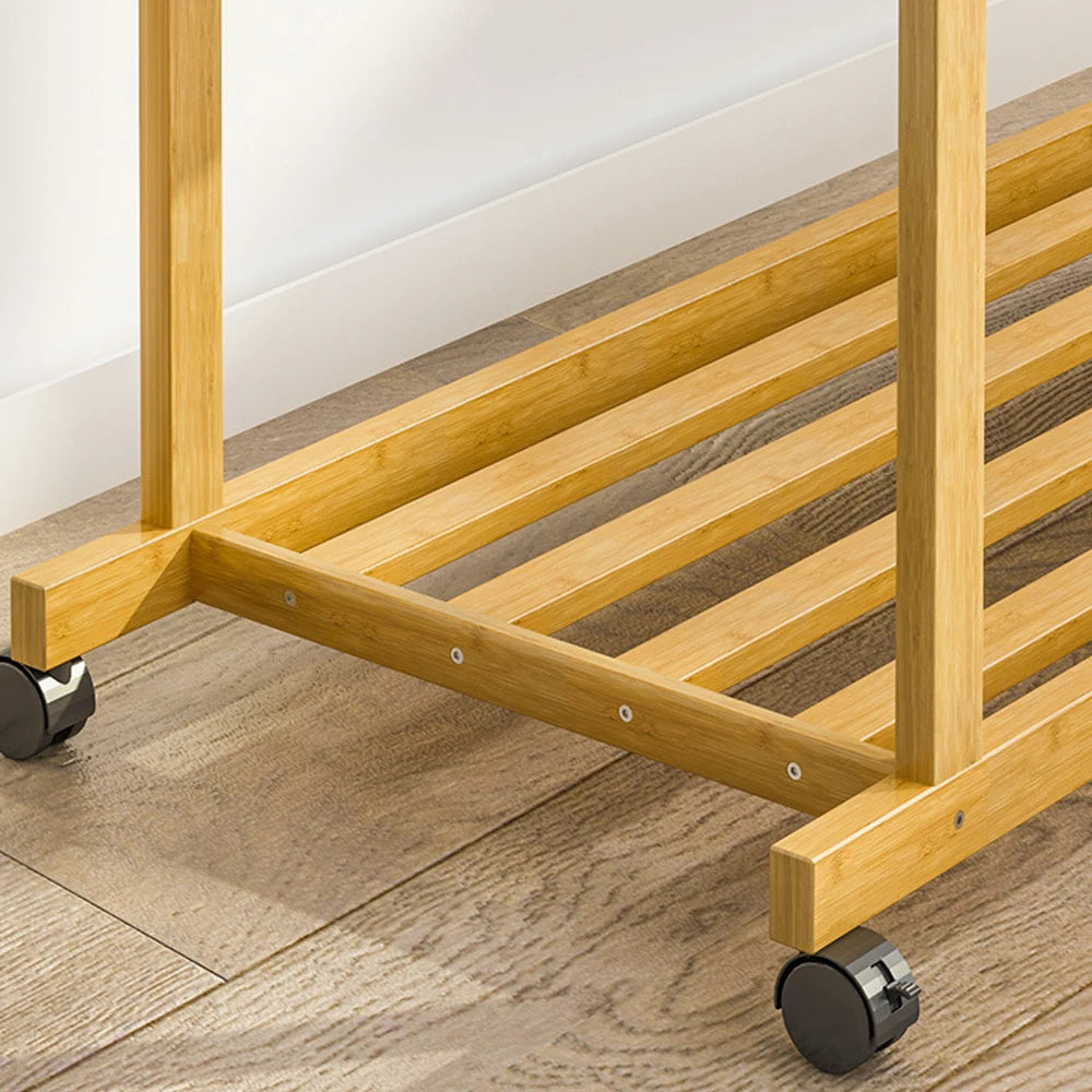 Bamboo Rolling Clothes Rack with Double Rails and Shelf Portable Open Wardrobe Storage