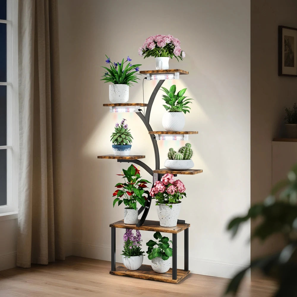Plant Stand 7 Tier LED Grow Light Rack Wooden Metal Flower Display Shelf for Indoor Plants