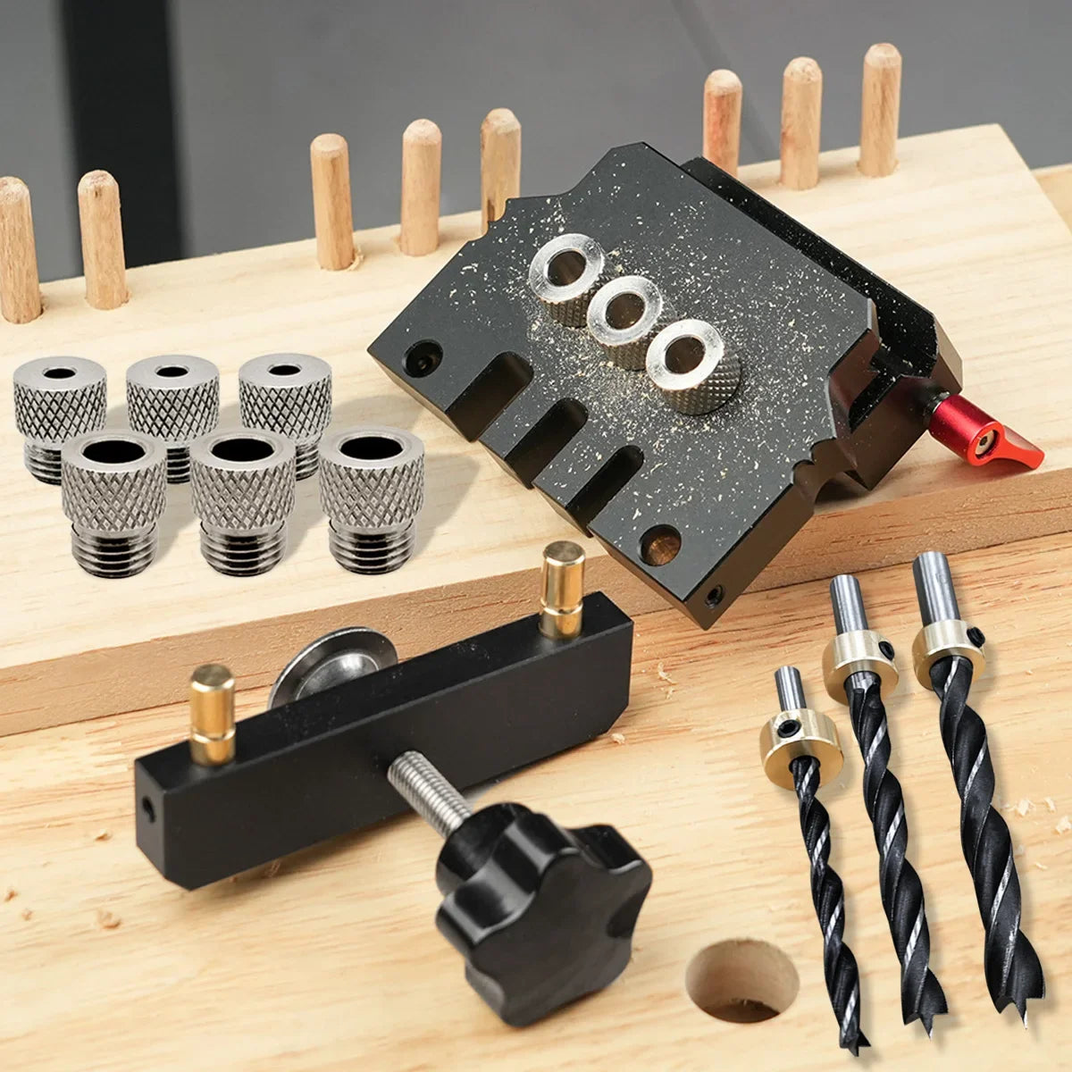 Self-Centering Doweling Jig Kit for Woodworking with Drill Guides and Panel Joiner Tool