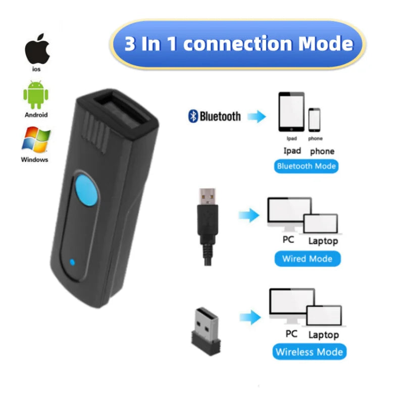 Portable Wireless Barcode Scanner with Bluetooth USB CMOS Scanner for iOS Android Windows