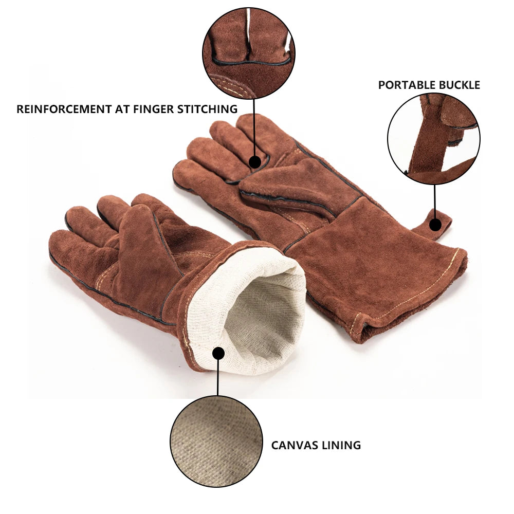 Leather Work Gloves Heavy Duty Cow Split Leather 35cm Welding BBQ Oven Workshop Gloves Pair