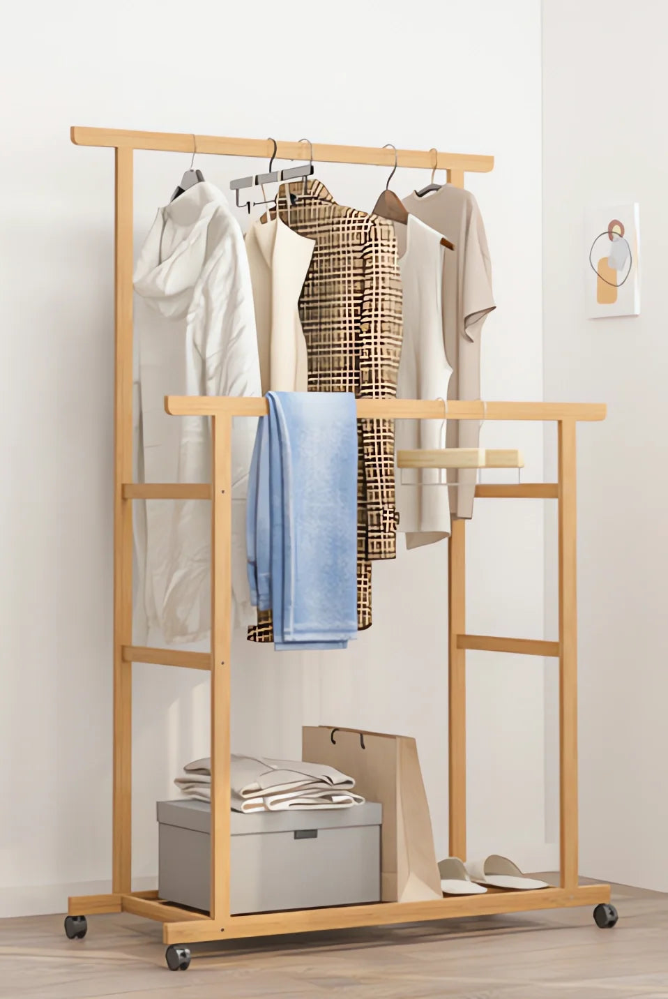 Bamboo Rolling Clothes Rack with Double Rails and Shelf Portable Open Wardrobe Storage