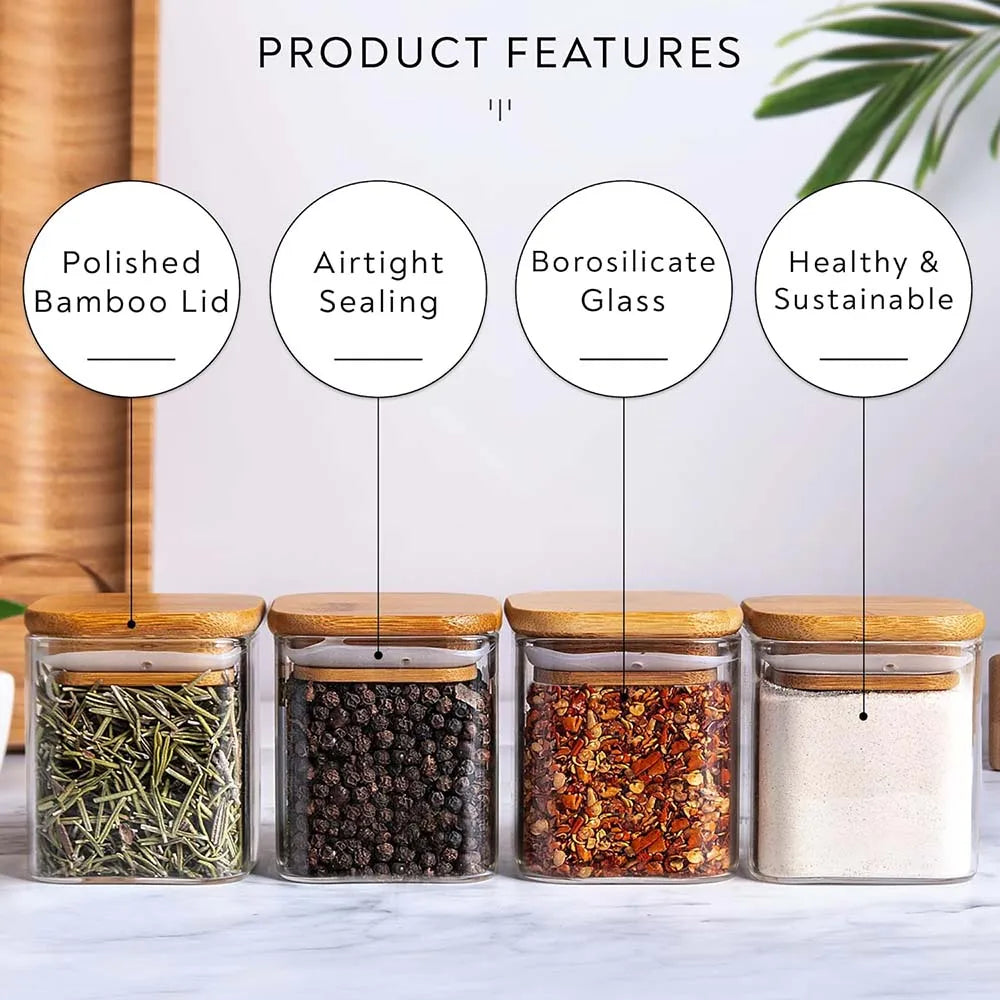 Glass Spice Jar Set with Bamboo Lids and Labels Square Food Storage Containers 6 or 12 Pack