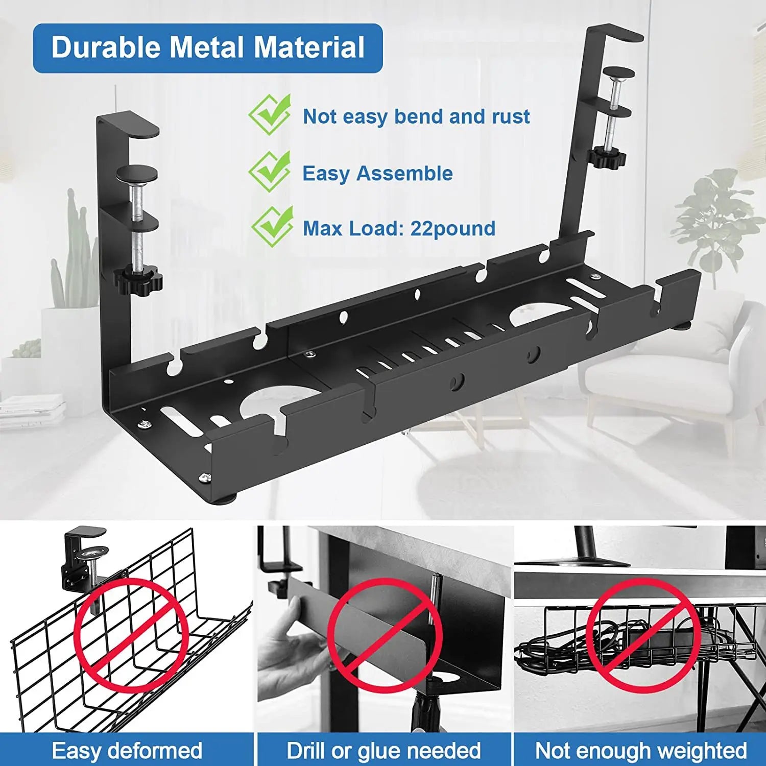 Under Desk Cable Management Tray Adjustable Carbon Steel Wire Organizer Storage Rack