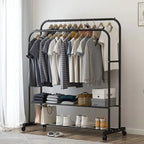 Heavy Duty Rolling Clothes Rack Double Rail with Shelf Metal Garment Storage Stand
