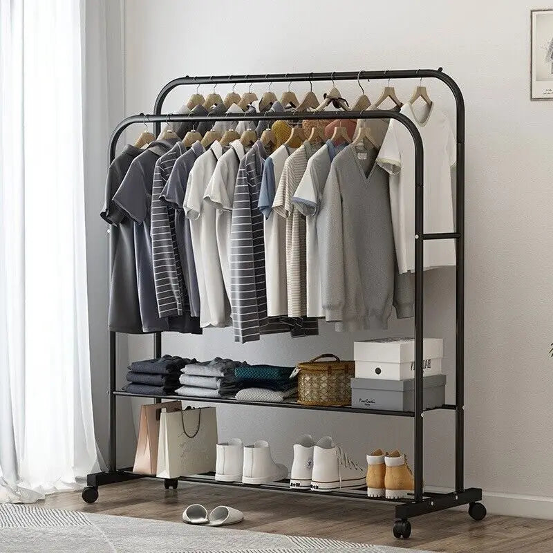 Heavy Duty Rolling Clothes Rack Double Rail with Shelf Metal Garment Storage Stand