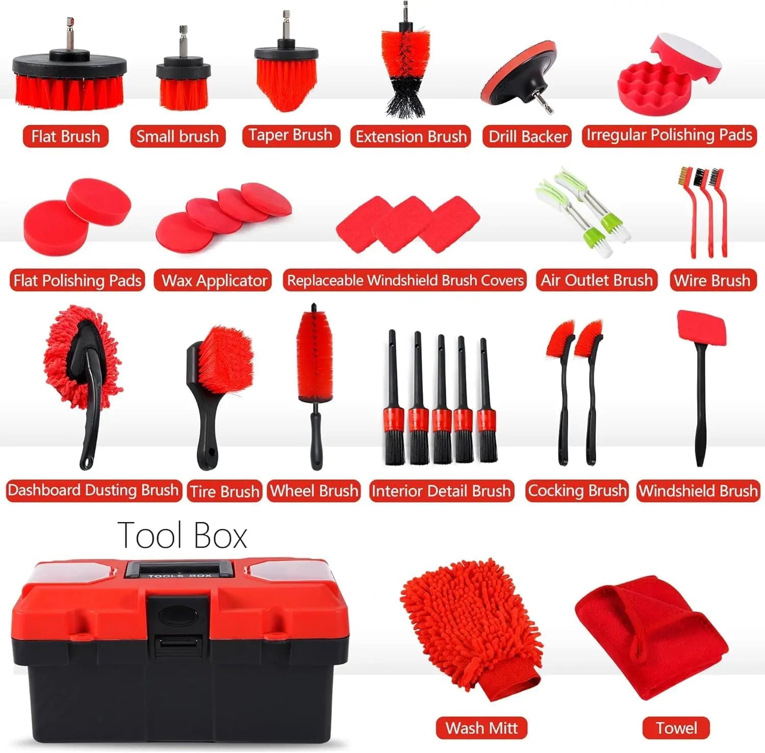 35 Piece Car Cleaning and Detailing Kit with Drill Brush Set, Tire Brushes and Tool Storage Box