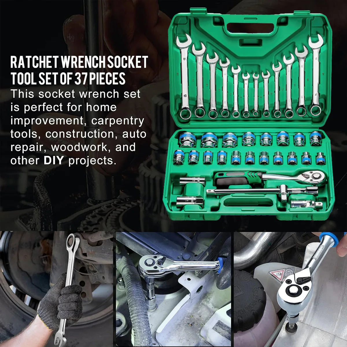 Heavy Duty 37-Piece Socket Wrench Ratchet Set with Carry Case for Automotive Repair and DIY Use