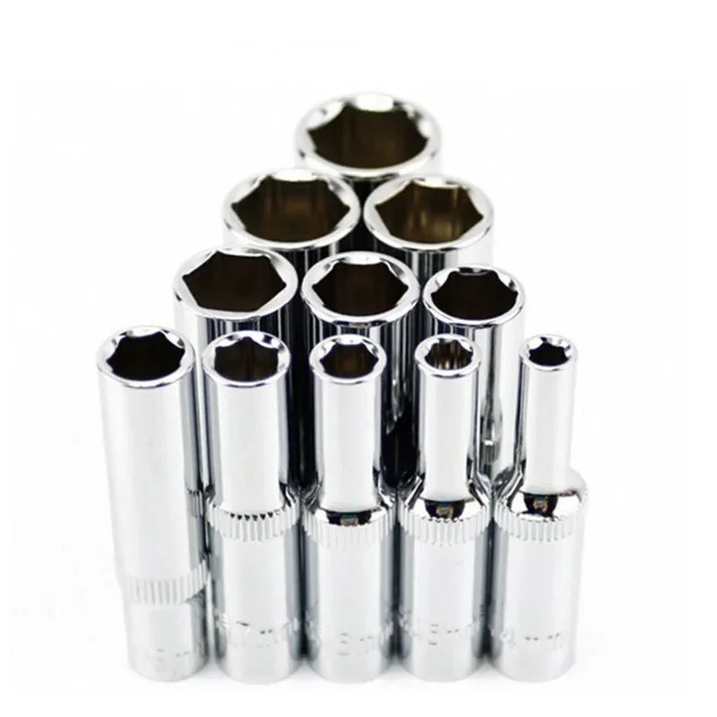 Heavy Duty 11-Piece Metric Long Deep Socket Set 1/4" Drive Chrome Vanadium 6-Point 4–14mm