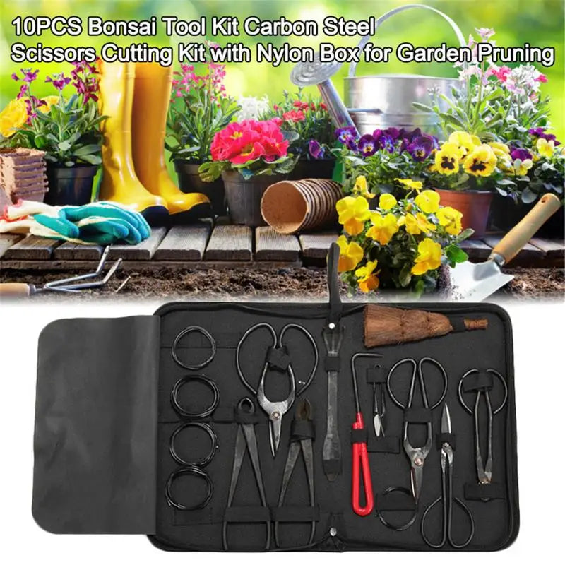 Bonsai Pruning Tool Set 10-Piece Carbon Steel Gardening Kit with Scissors, Rake and Carry Case