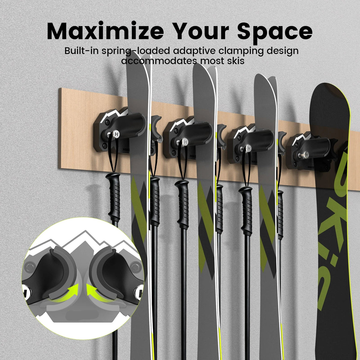 Ski and Snowboard Wall Mount Gravity Lock Storage Rack with TPE Pads and Utility Hook