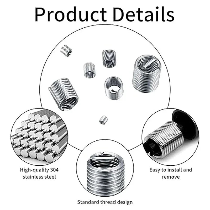 Threaded Insert Repair Kit 200 Piece Stainless Steel Thread Repair Set M3-M12 for Metalworking