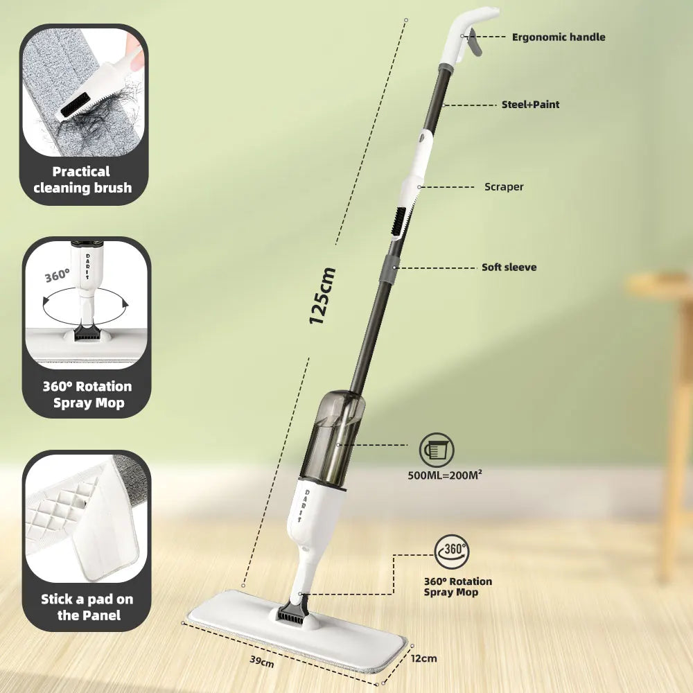 360° Spray Mop with 500ML Bottle, Reusable Microfiber Pads & Extendable Handle for Easy Cleaning