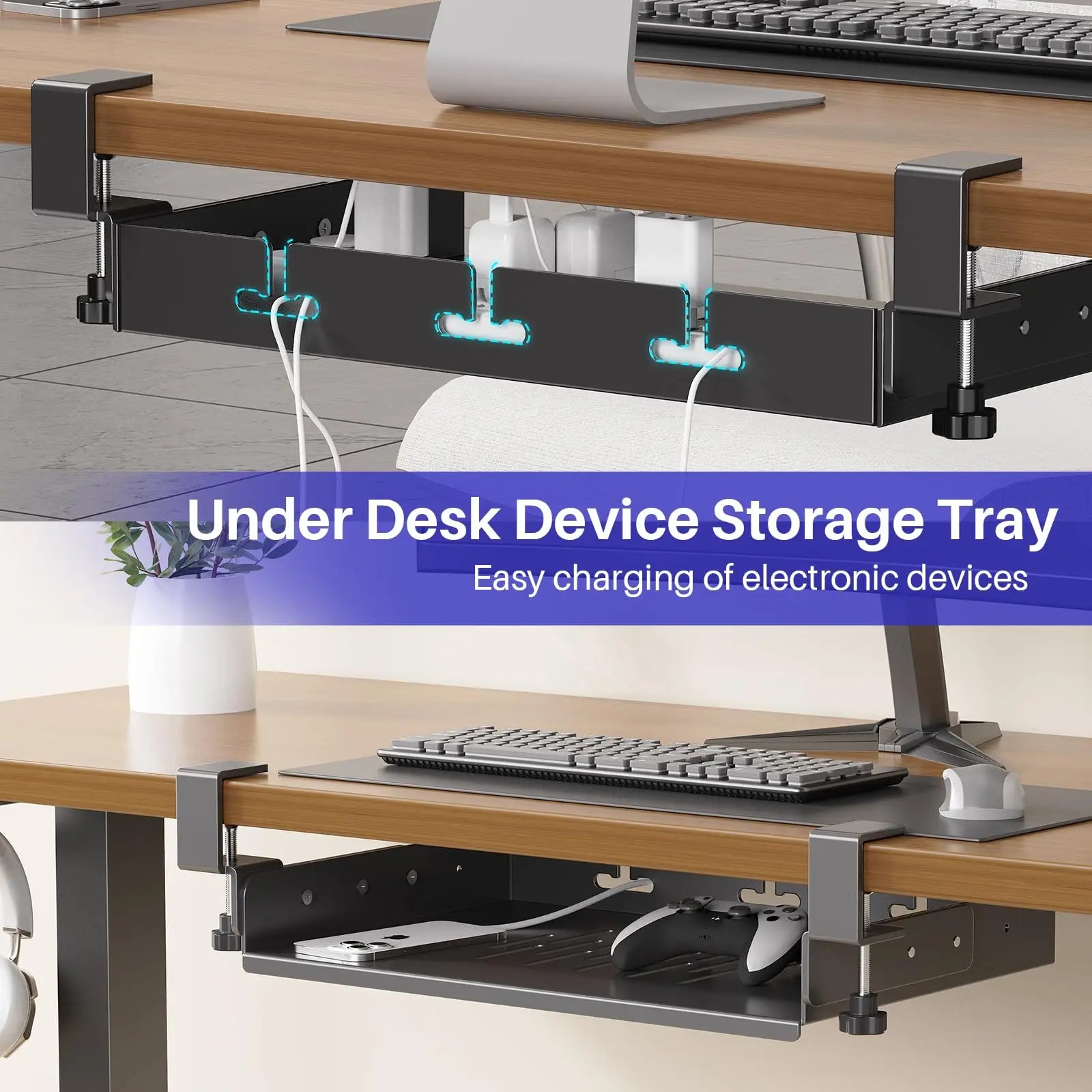 Under Desk Storage Tray No Drill Metal Laptop Mount Cable Management Organizer Rack