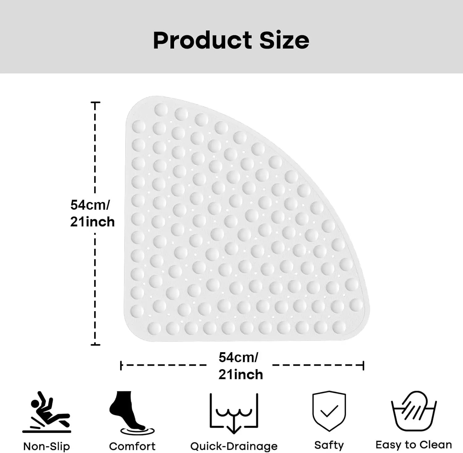 Non-Slip Corner Bath Mat 54cm PVC Shower Floor Mat with Suction Cups and Quick Drainage Design