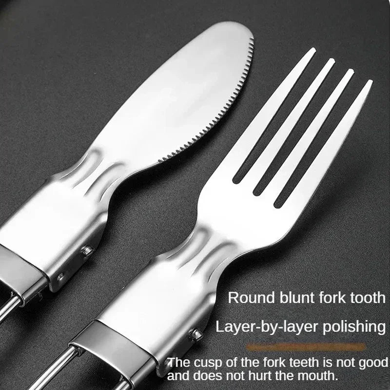 Portable 3-Piece Stainless Steel Camping Cutlery Set with Storage Box Foldable Outdoor Tableware