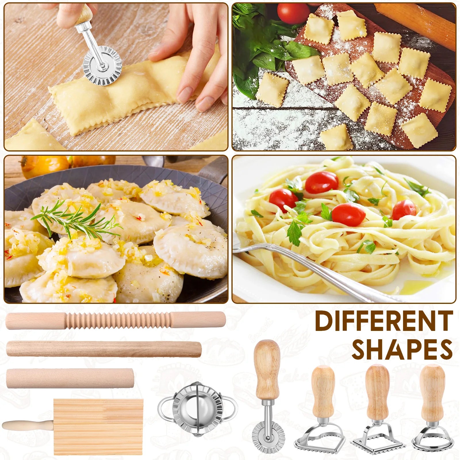 9 Piece Pasta Making Tool Set with Ravioli Stamps Rolling Pins Gnocchi Board Dough Cutter Stainless Steel