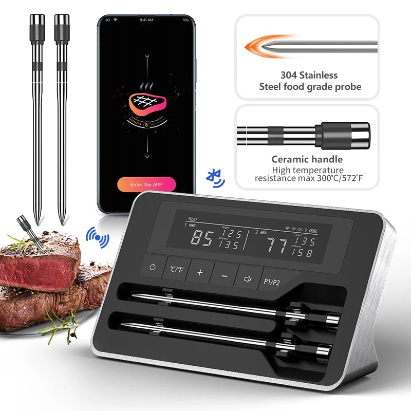 Smart Wireless Meat Thermometer with Bluetooth and LCD Display for BBQ Grill Oven Cooking