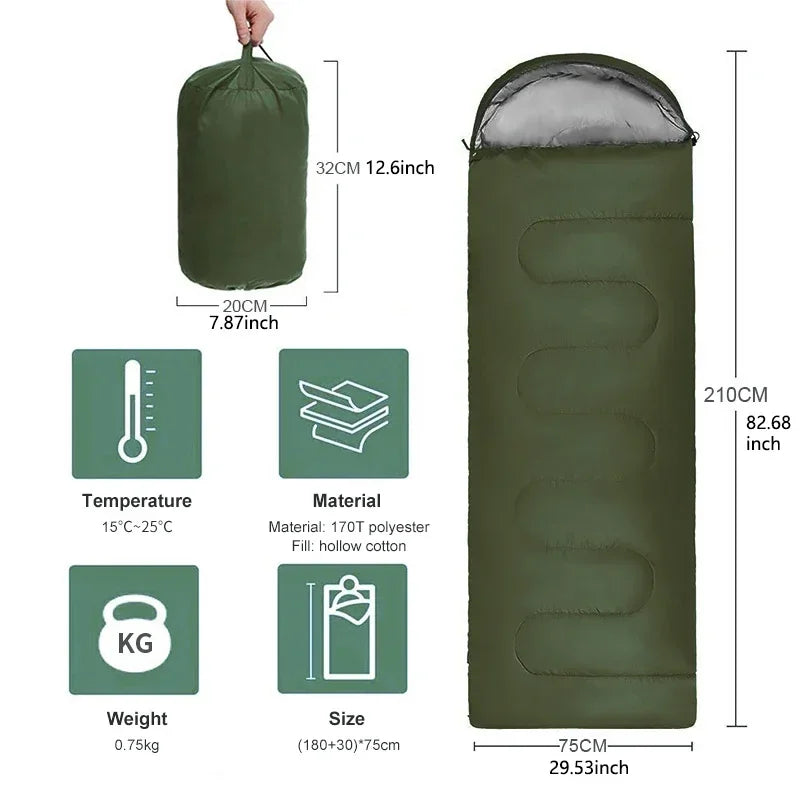 Portable Envelope Camping Sleeping Bag 220cm x 75cm Lightweight Waterproof Backpacking Sleeping Bag