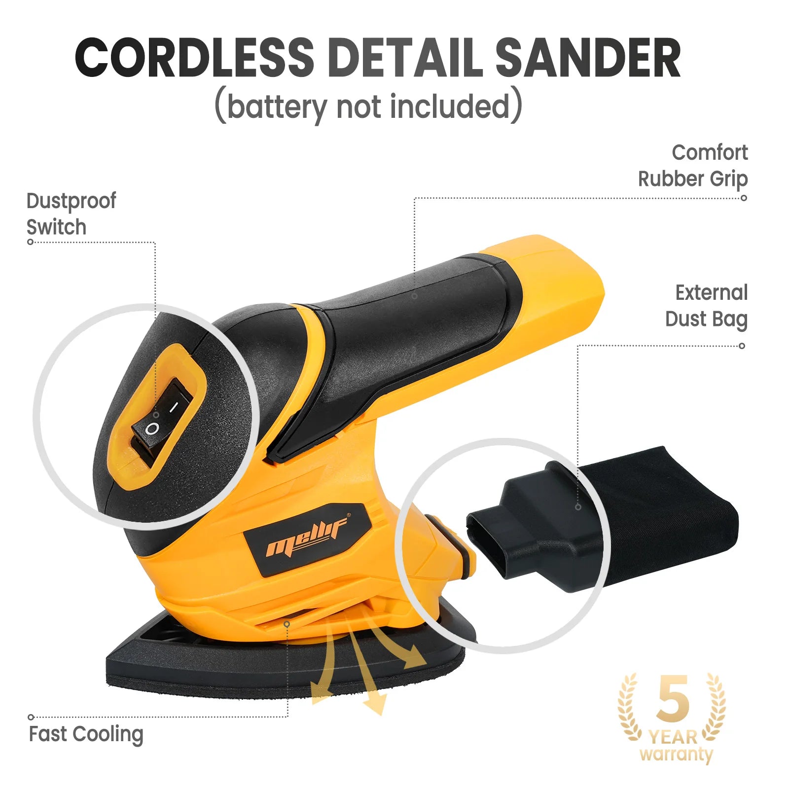 Cordless Brushless Detail Sander Compatible with 18V 20V Battery Compact Electric Sander with Dust Collector