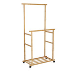 Bamboo Rolling Clothes Rack with Double Rails and Shelf Portable Open Wardrobe Storage