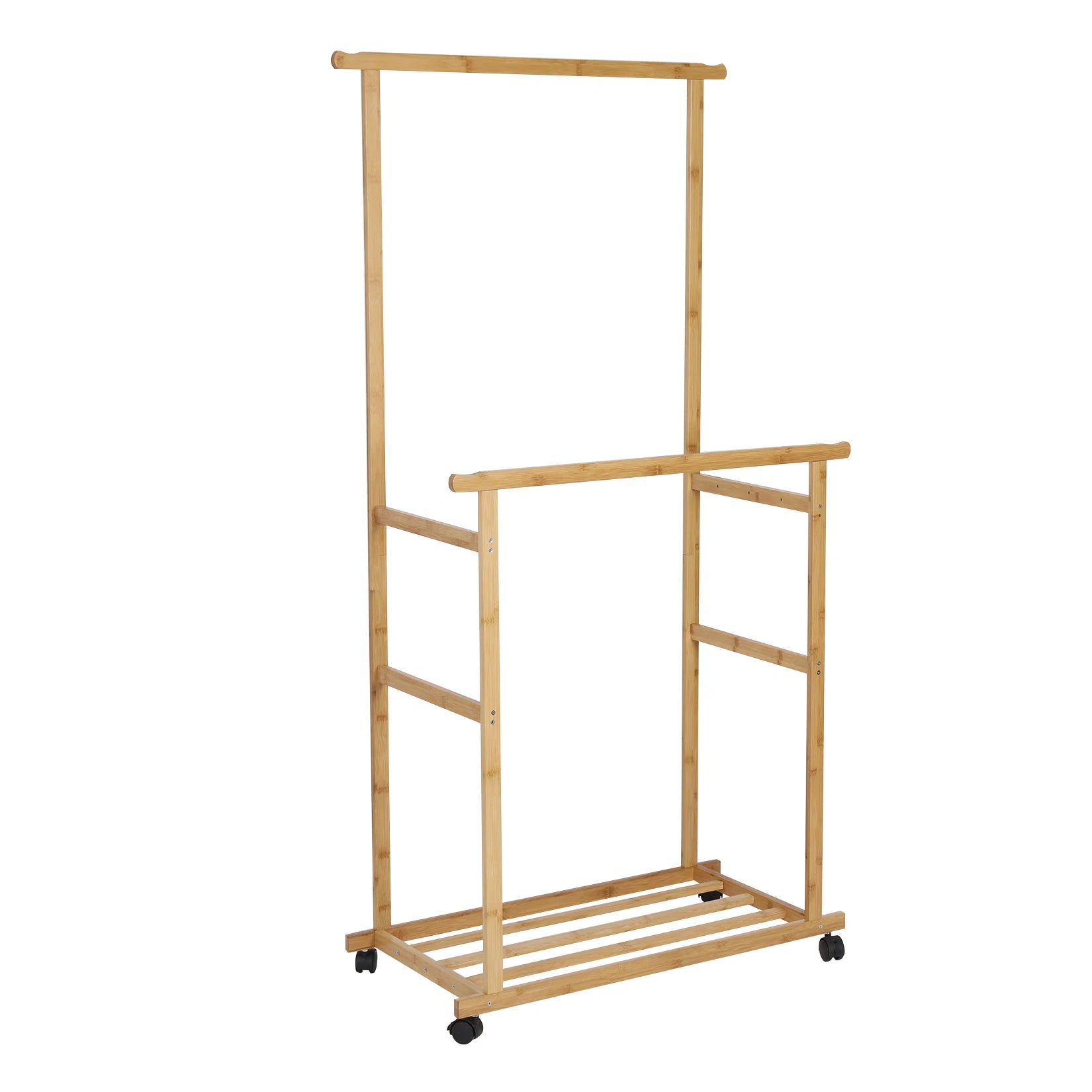 Bamboo Rolling Clothes Rack with Double Rails and Shelf Portable Open Wardrobe Storage